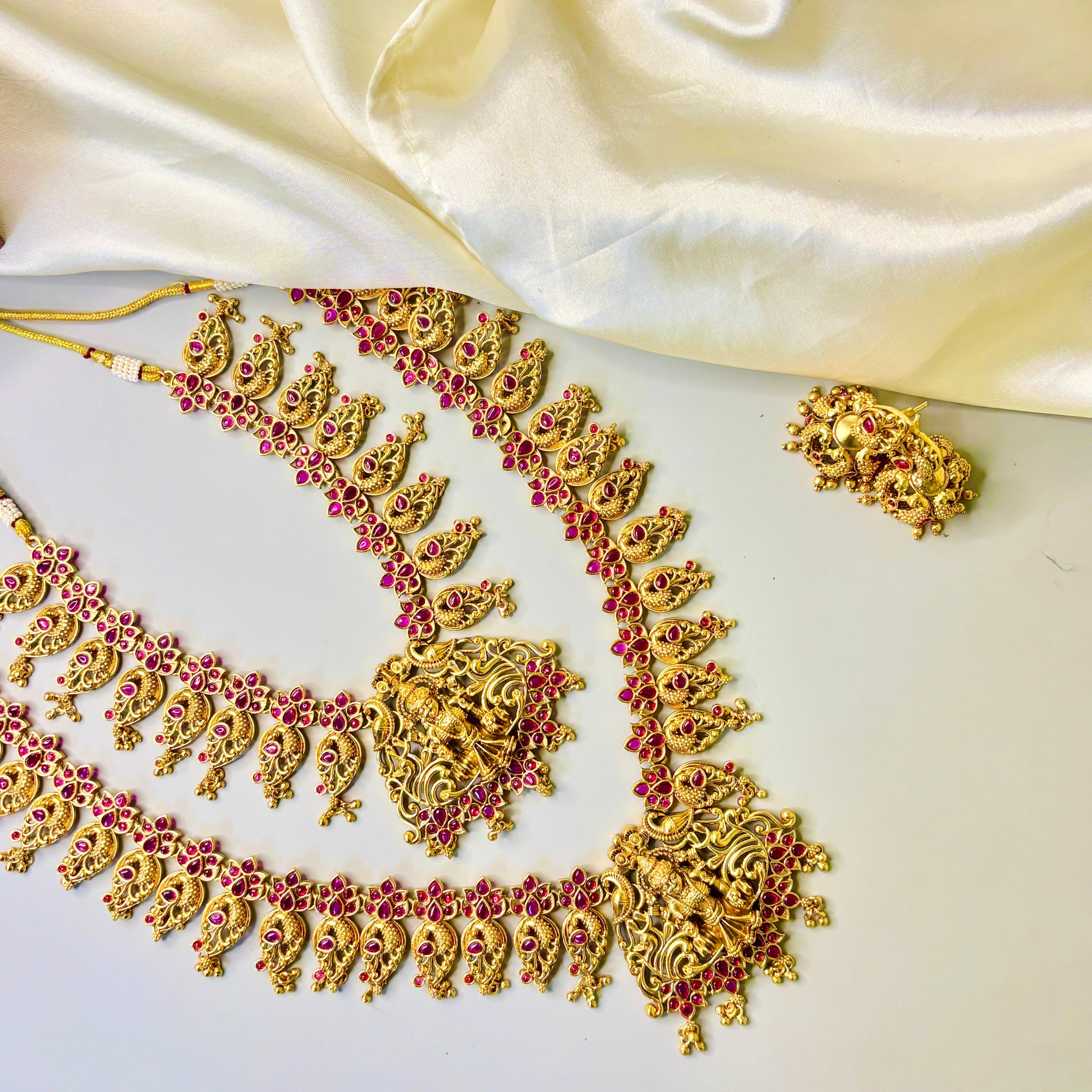 Majestic Peacock & Lakshmi Necklace with Pink Stones & Golden Beads