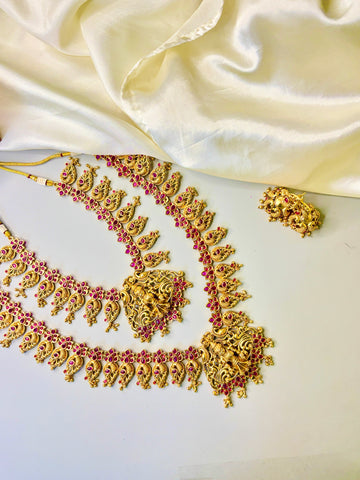 Majestic Peacock & Lakshmi Necklace with Pink Stones & Golden Beads