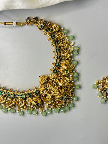 Antique Lord Ganesha Temple Necklace with Peacock Motifs & Pastel Green Beads