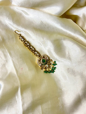 Elegant Victorian Peacock Maangtikka with Green Stone & Pearl Accents