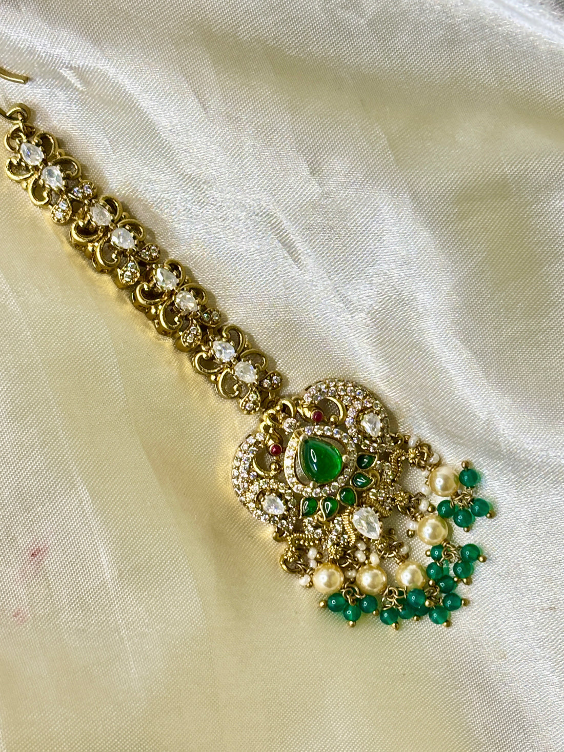 Elegant Victorian Peacock Maangtikka with Green Stone & Pearl Accents