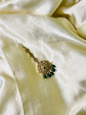 Graceful Peacock Maangtikka with Crystal Accents & Green Bead Droplets