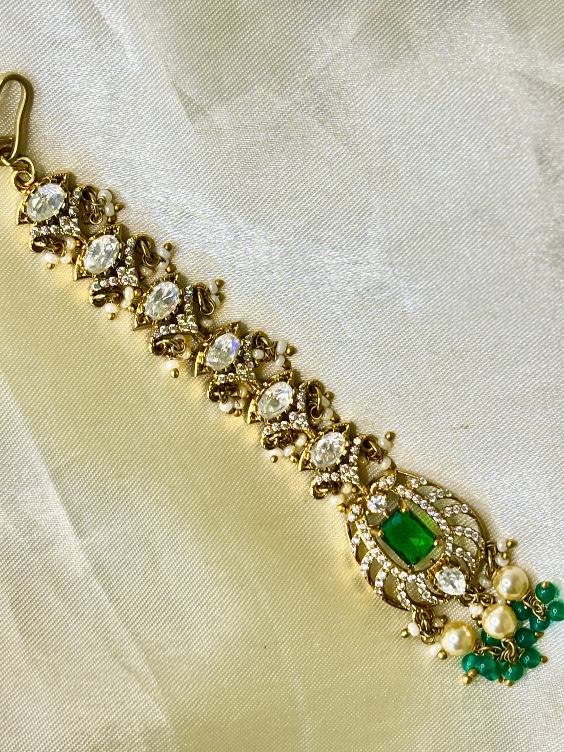 Victorian Crystal Maangtikka with Green Stone & Bead Accents