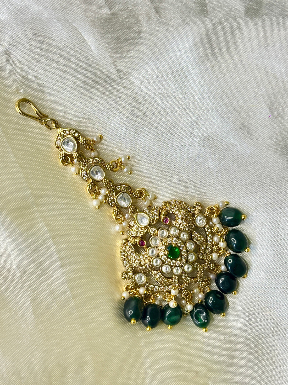 Exquisite Peacock Maangtikka with Crystal Stones & Green Beads