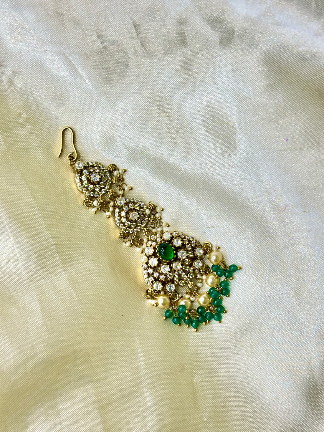 Victorian Floral Maangtikka with Crystal Accents & Green Beads