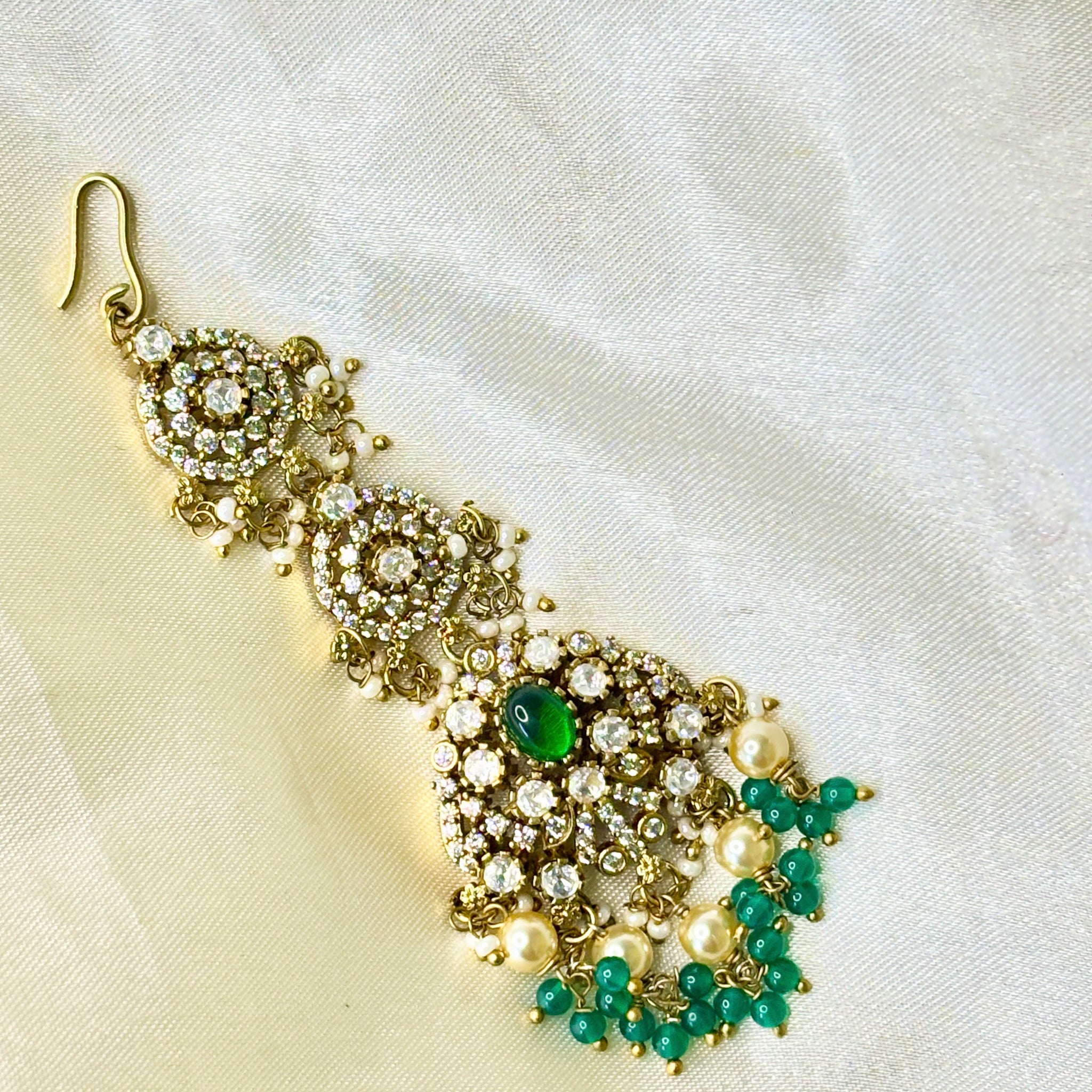 Victorian Floral Maangtikka with Crystal Accents & Green Beads