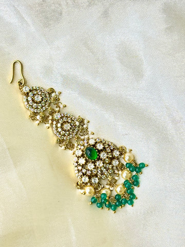 Victorian Floral Maangtikka with Crystal Accents & Green Beads