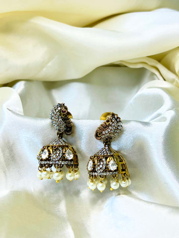 Majestic Peacock Glow – Victorian Crystal Earrings with White Beads