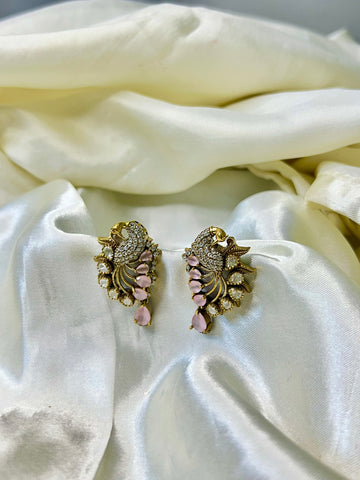 Victorian Peacock Earrings with Pink Stones – Elegant & Timeless