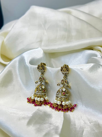 Antique Lakshmi Jhumka with Red Beads & Stone Detailing