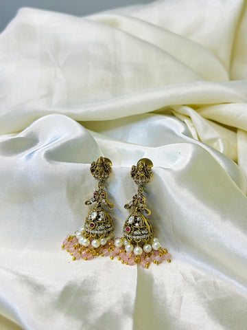 Antique Lakshmi Jhumka with Baby Pink Beads & Stone Detailing