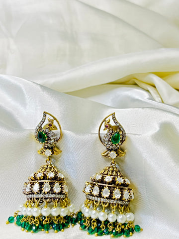 Victorian Peacock Earrings with Green Stones & Beads