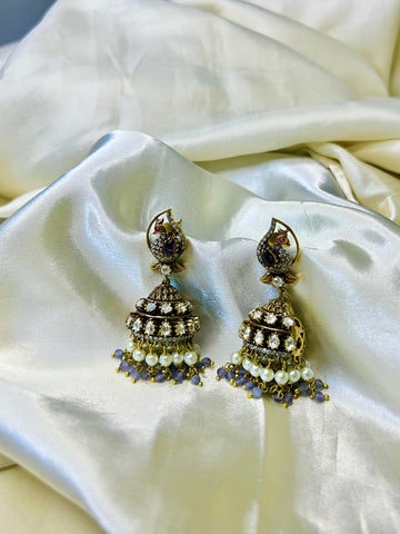 Victorian Peacock Earrings with purple  Beads & Stones