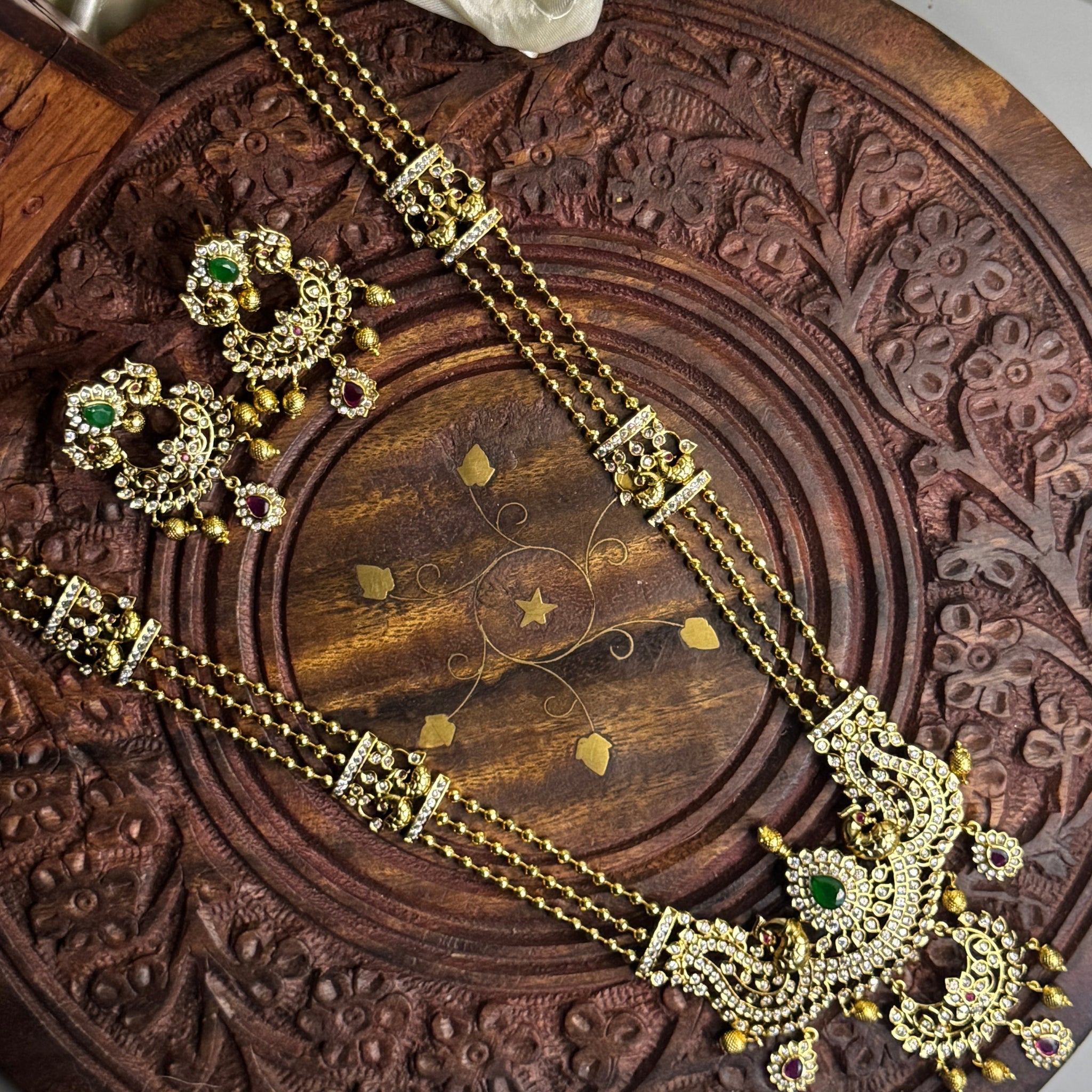 Regal Peacock Long Necklace with Crystal Finish & Green Stones