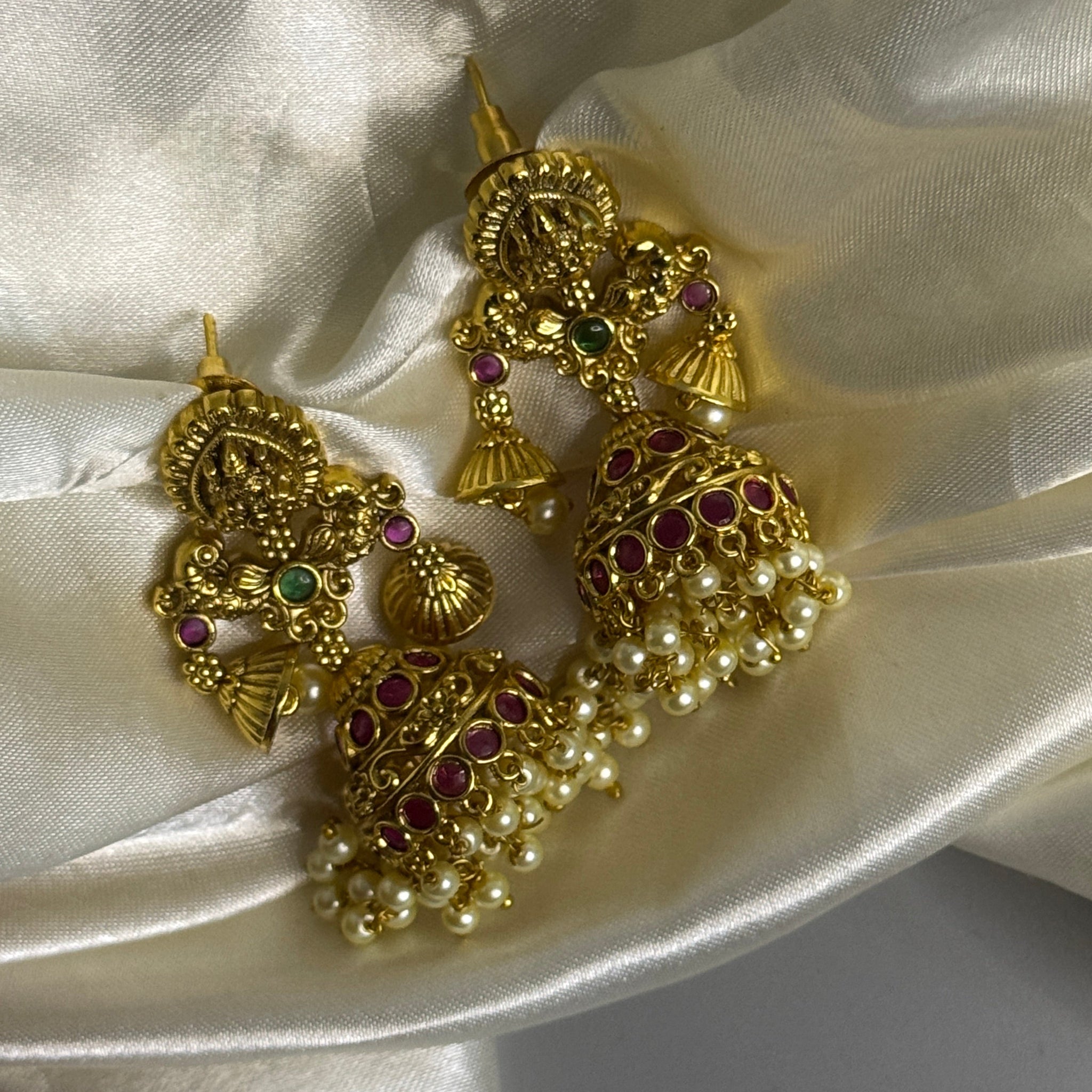 Prosperity-Inspired Lakshmi Earrings with Red Stones & White Beads