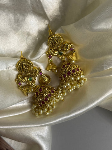 Prosperity-Inspired Lakshmi Earrings with Red Stones & White Beads