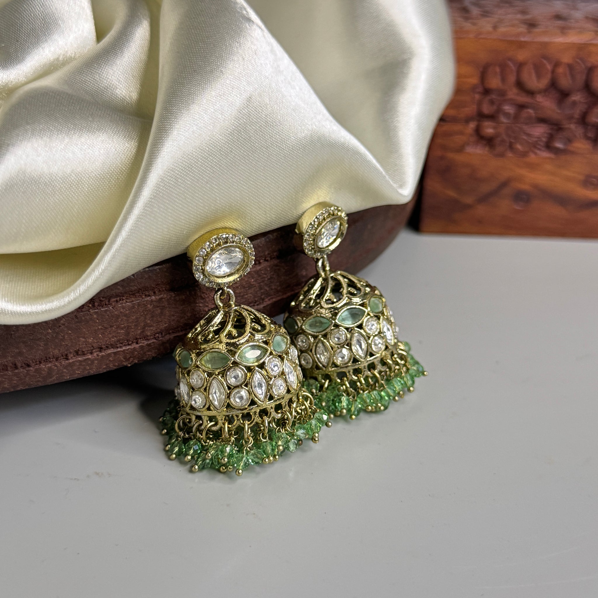 Victorian Green Bead Earrings with Crystal Detailing