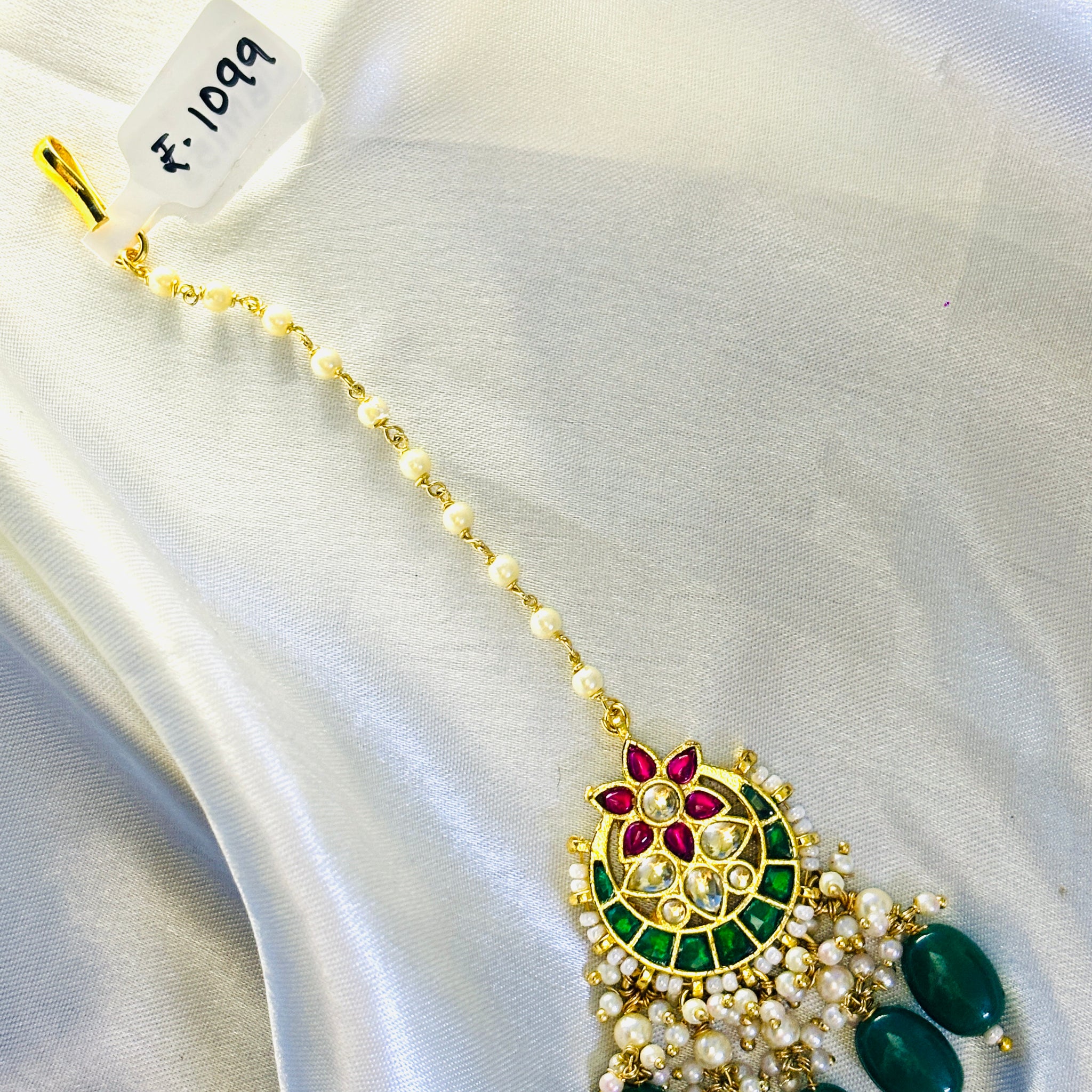 Moon Flower Bridesmaid Green Beads Pachi Kundan Maangtikka - Jewels by Meena