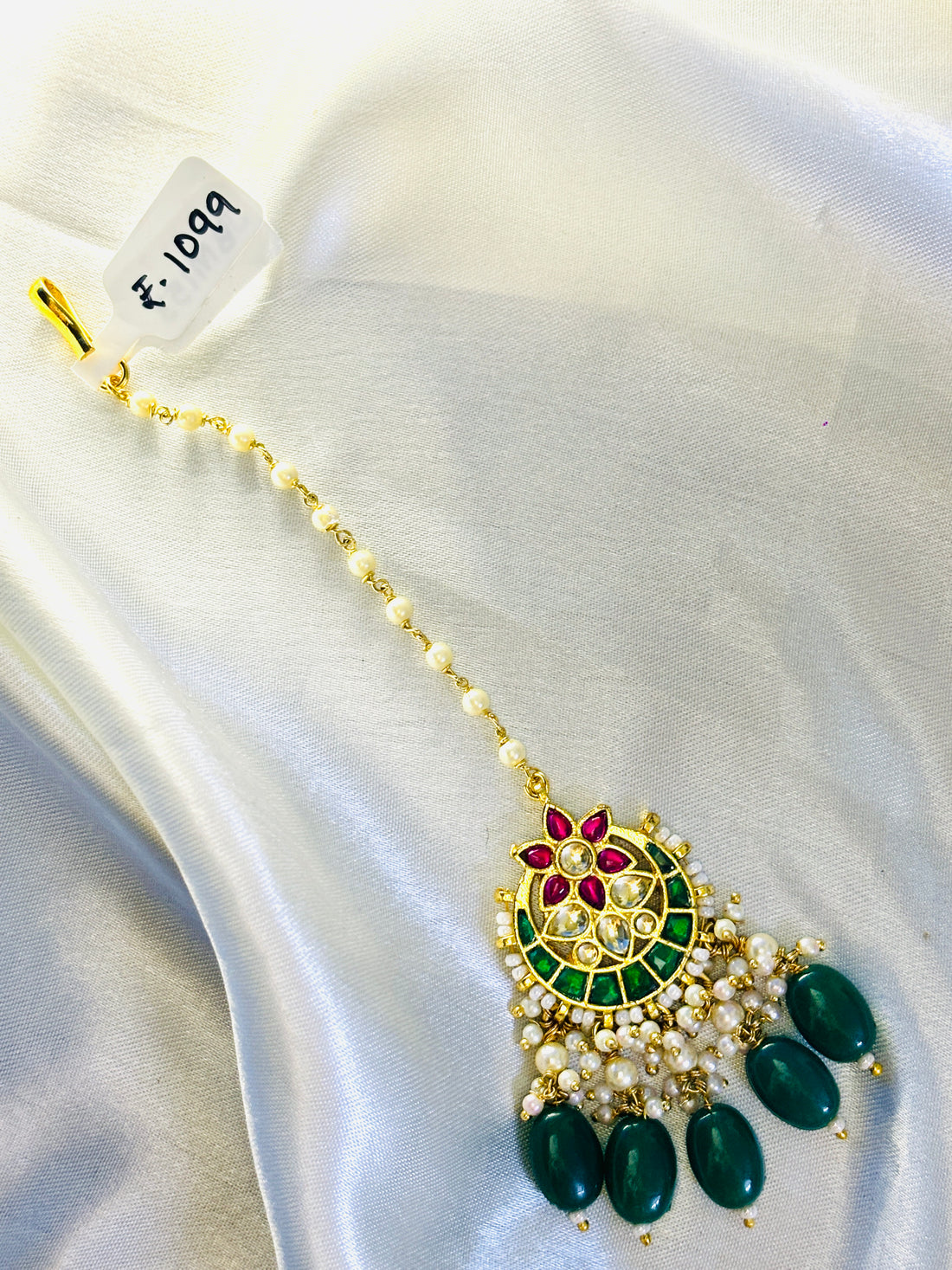 Moon Flower Bridesmaid Green Beads Pachi Kundan Maangtikka - Jewels by Meena