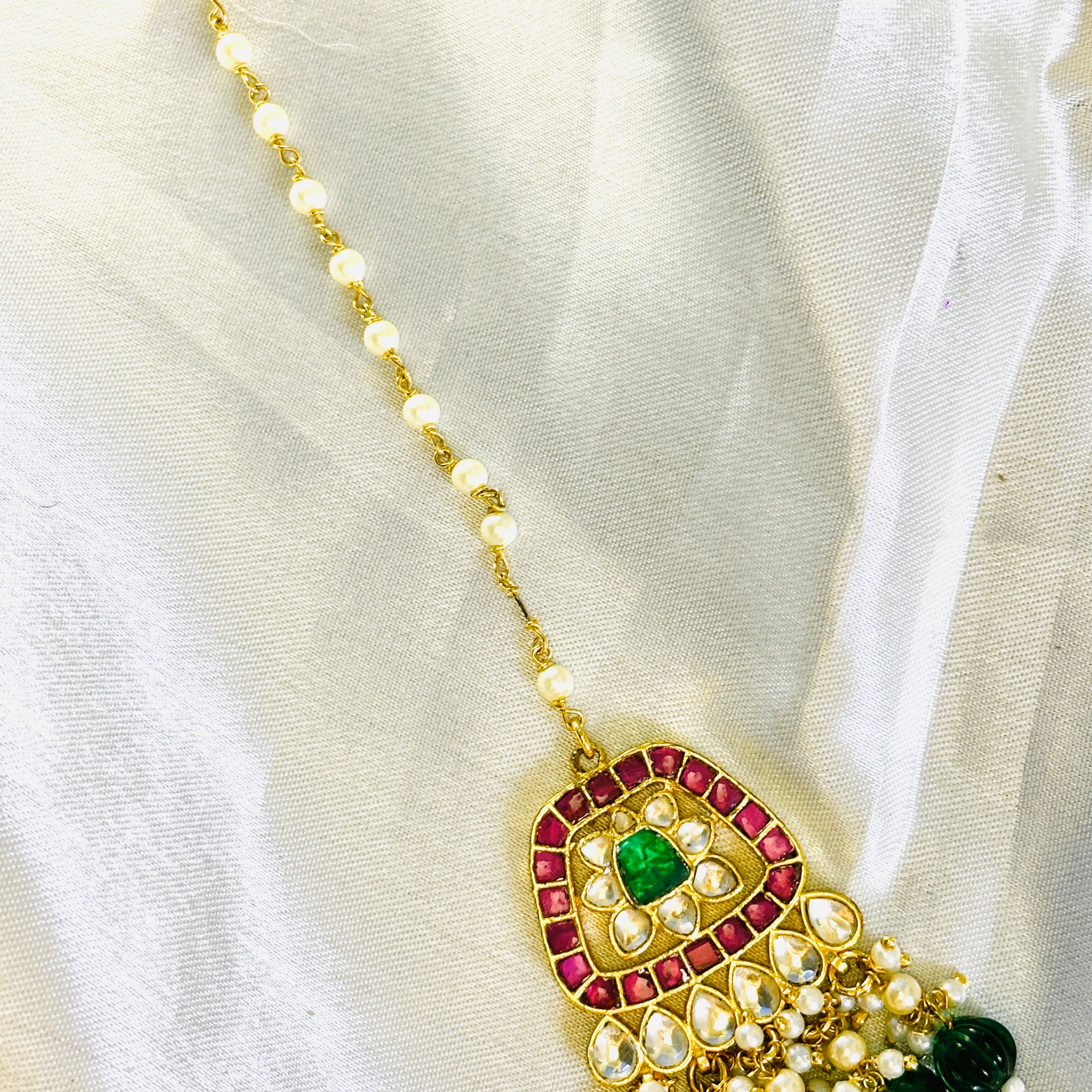 Dark Green Beads Pachi Kundan Maangtikka - Jewels by Meena