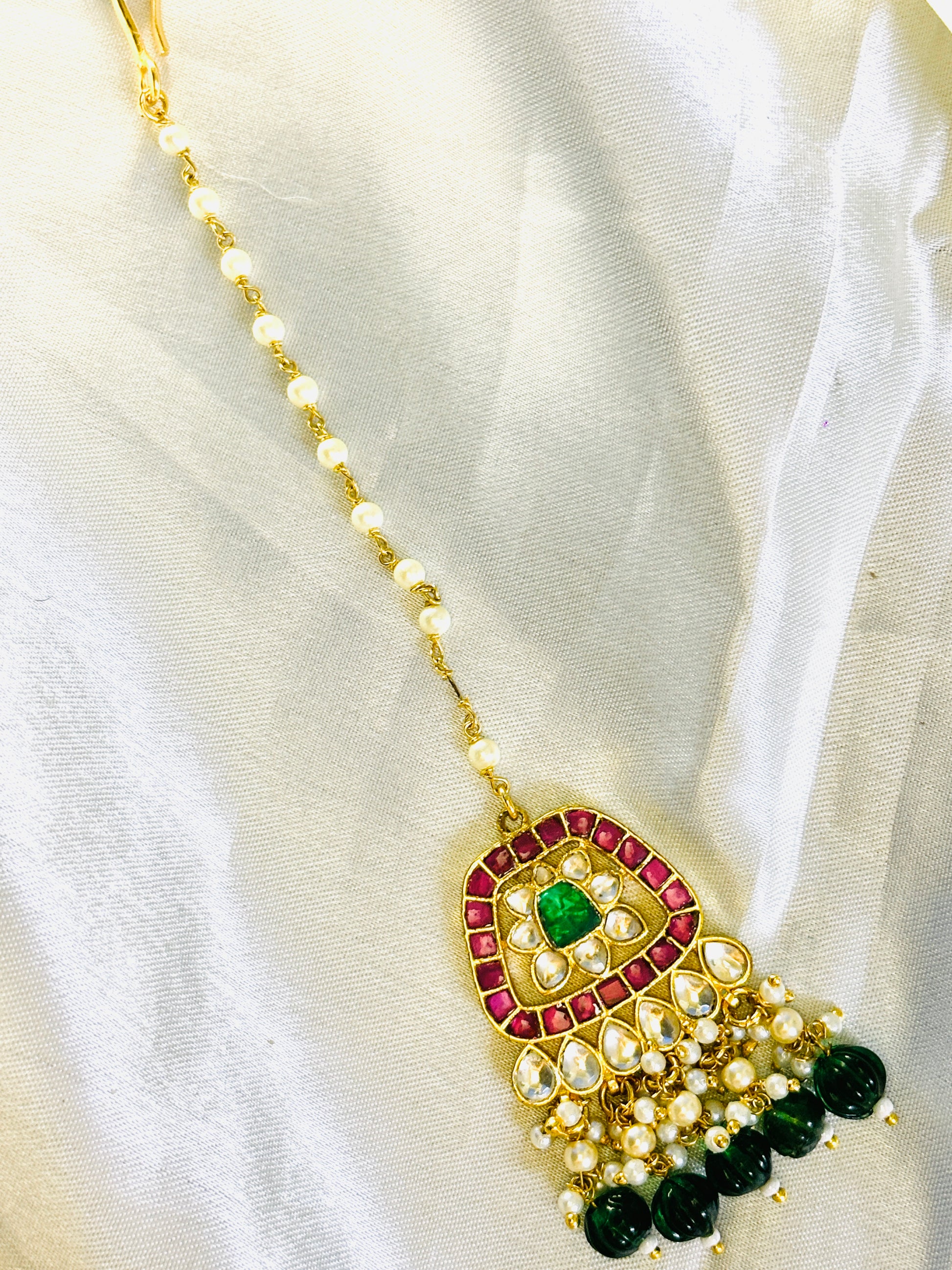 Dark Green Beads Pachi Kundan Maangtikka - Jewels by Meena