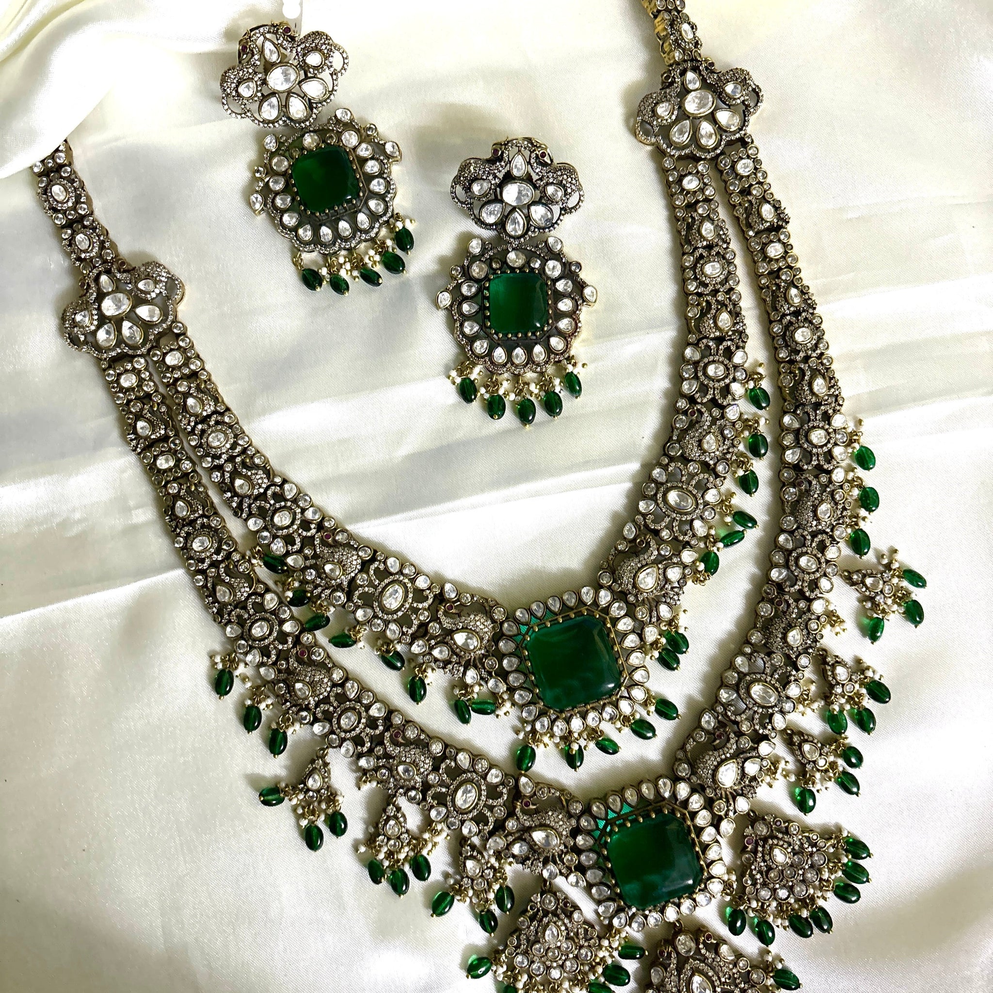 Bridal Royal Victorian Double Layer Haaram (Green) - Jewels by Meena