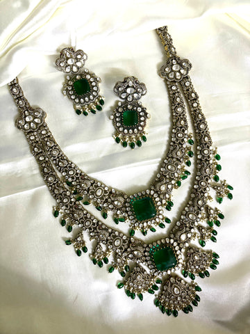 Bridal Royal Victorian Double Layer Haaram (Green) - Jewels by Meena