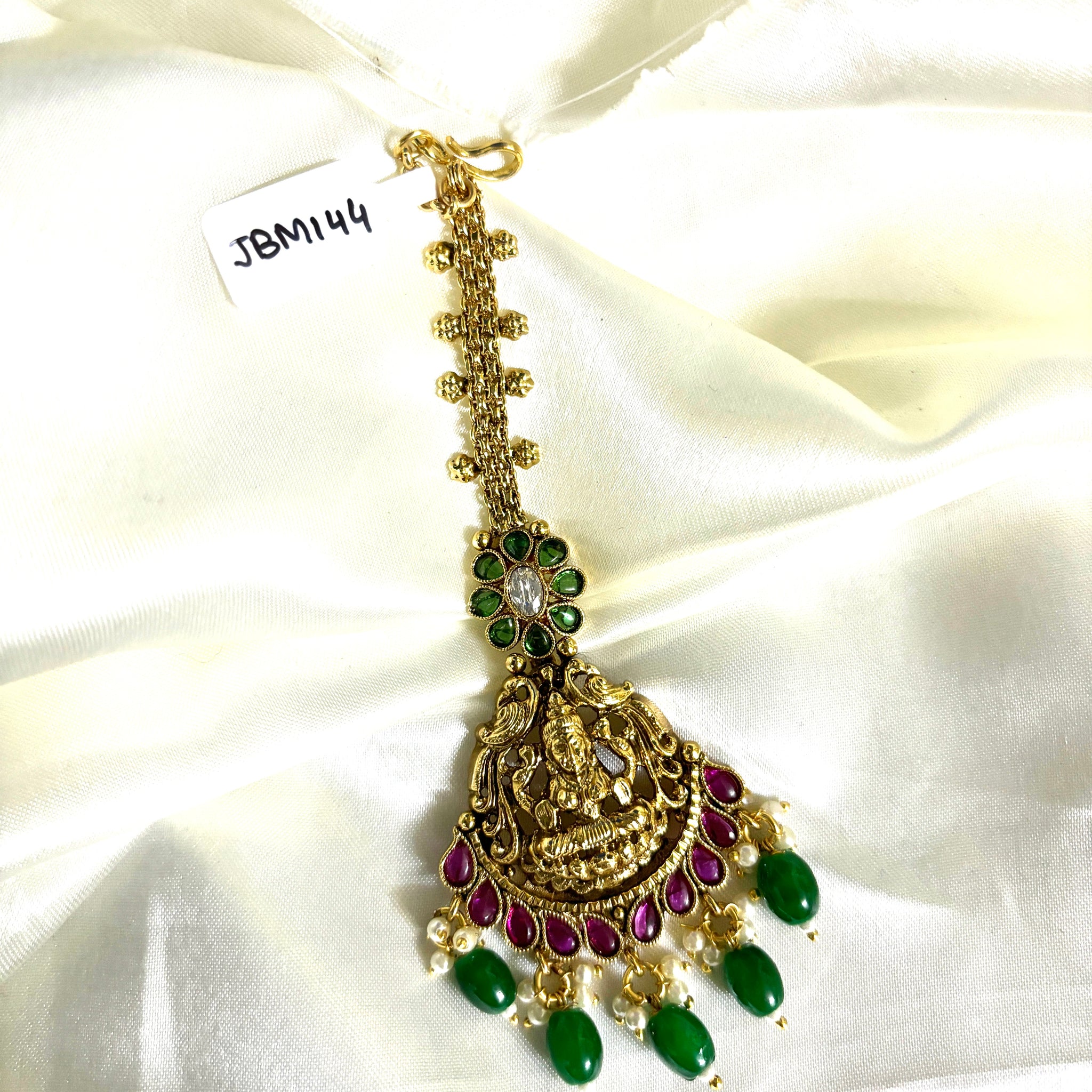 Lakshmi Mini Green Beads Maangtikka - Jewels by Meena