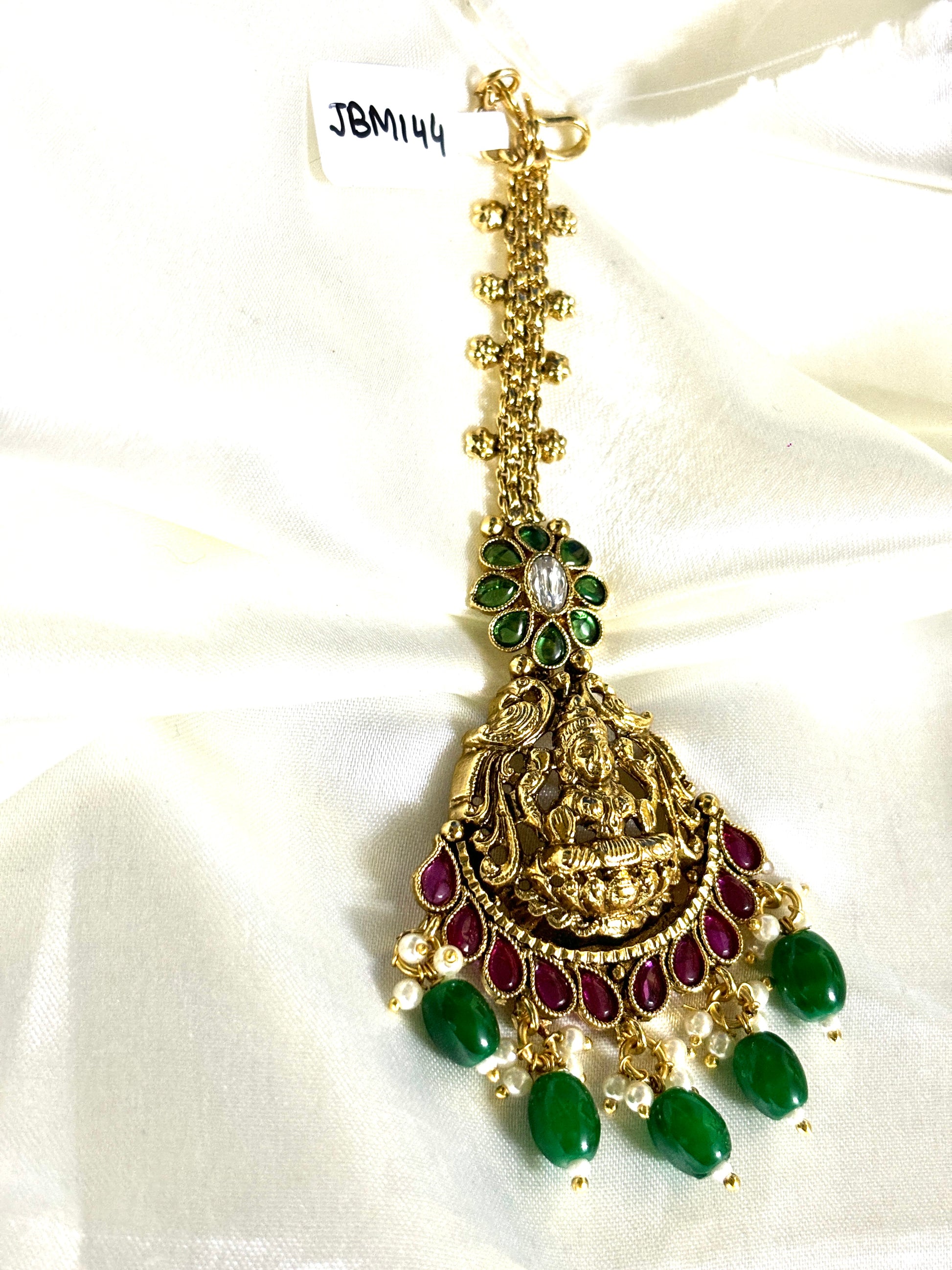 Lakshmi Mini Green Beads Maangtikka - Jewels by Meena