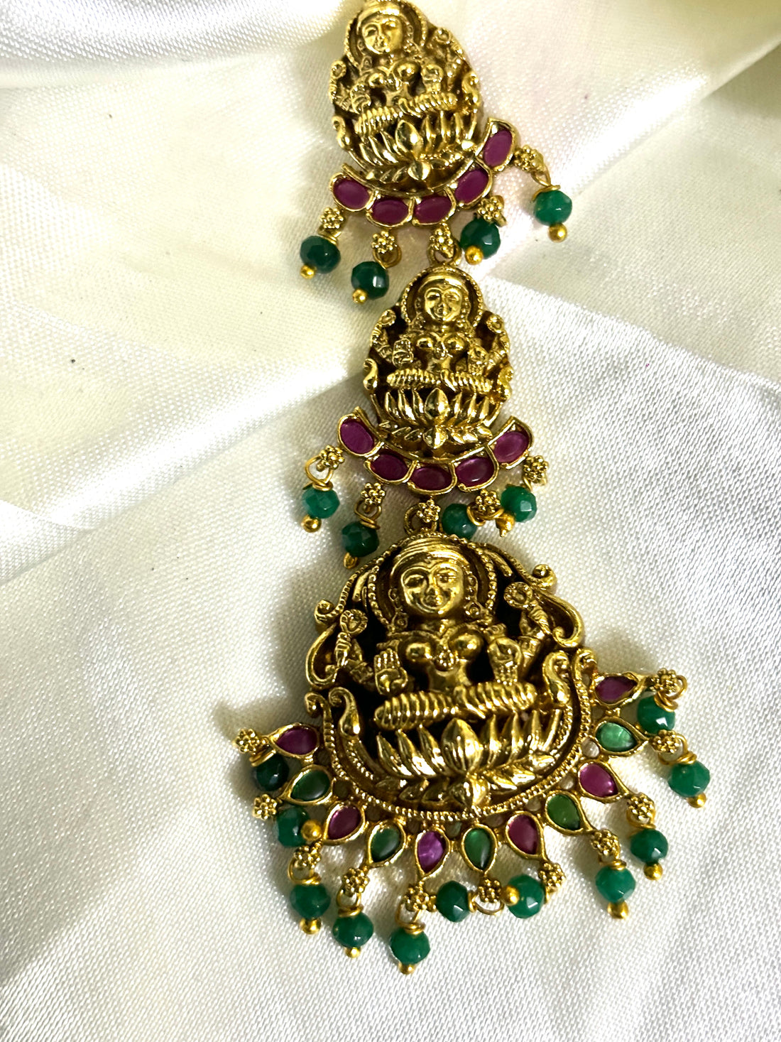 3 layer Kemp Lakshmi Green Beads Maangtikka - Jewels by Meena