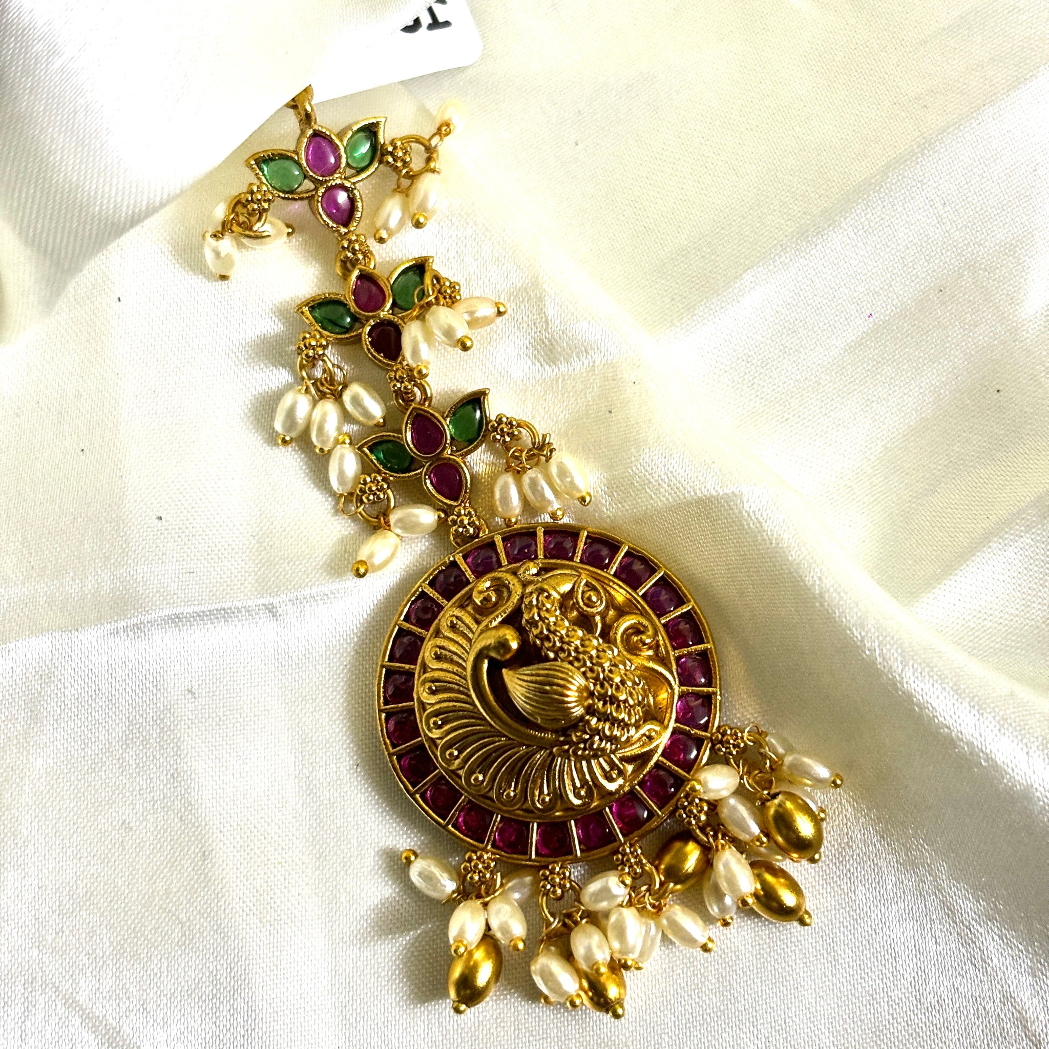 3D Peacock Gold Beads Pearls Mix Maangtikka - Jewels by Meena