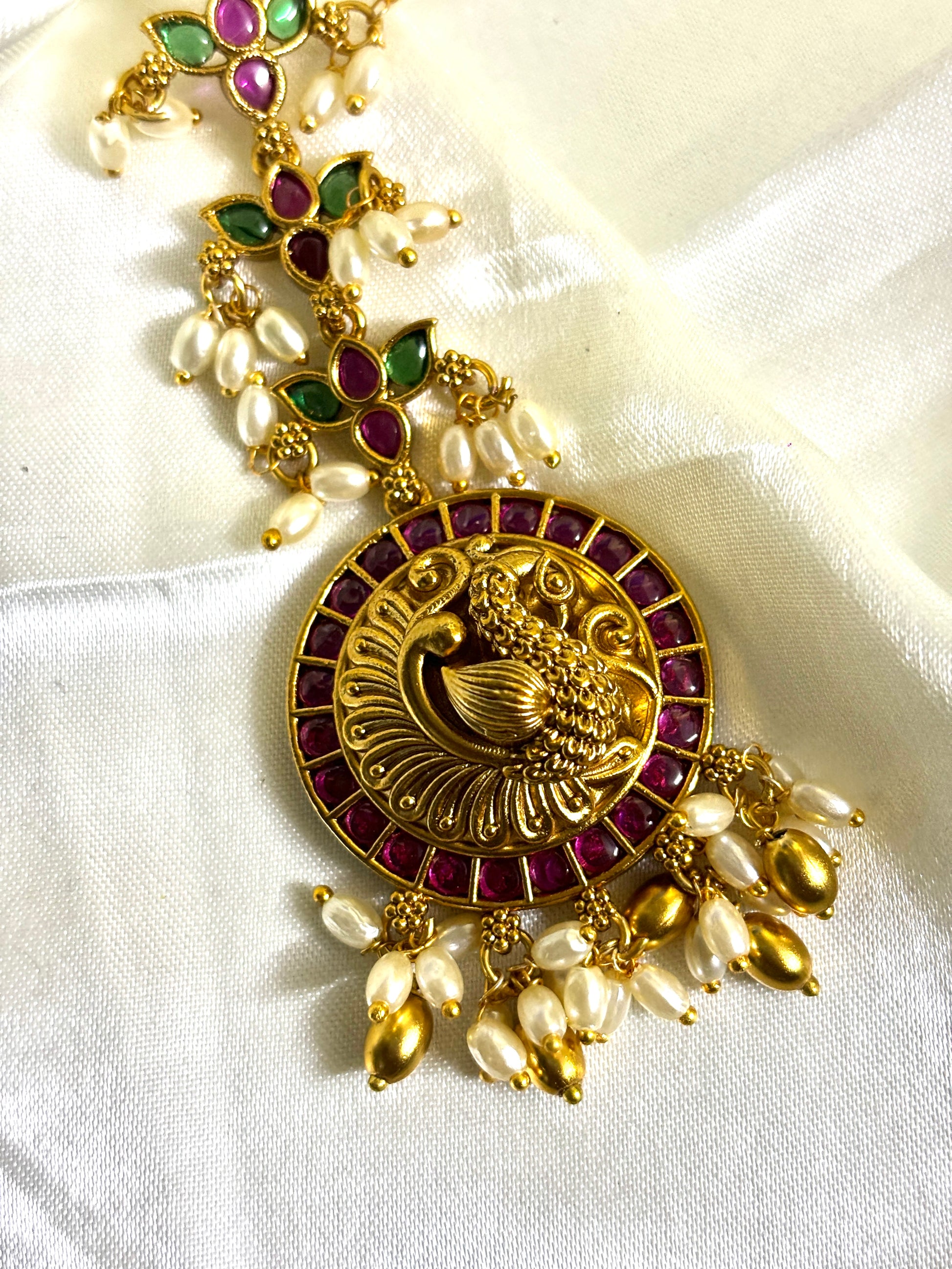 3D Peacock Gold Beads Pearls Mix Maangtikka - Jewels by Meena